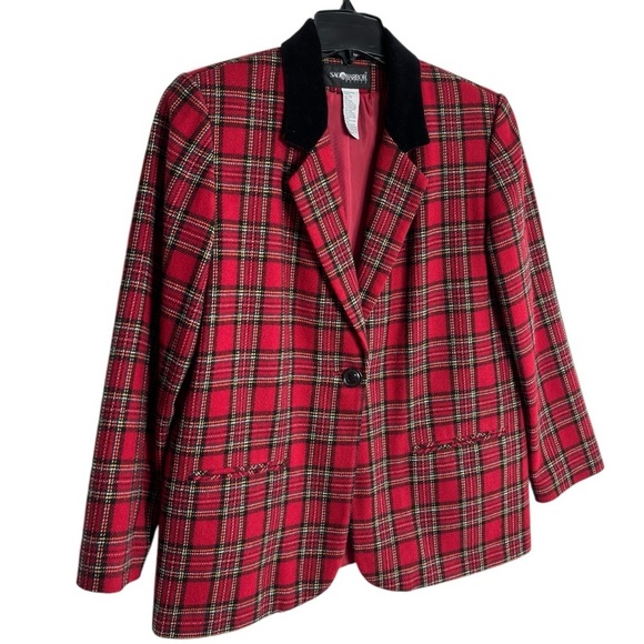 Sag Harbor Wool Blend Tartan Plaid Blazer Jacket Black Velvet Collar 10P Holiday - Picture 5 of 16